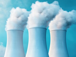 Three cooling towers emitting large plumes of steam against a clear blue sky, typically seen at power plants.