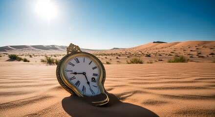 Melting pocket watch in desert landscape with sand dunes and clear blue sky under bright sunlight