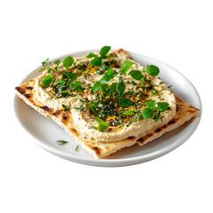 A plate of flatbread topped with hummus and herbs on a white plate,  on transparent background