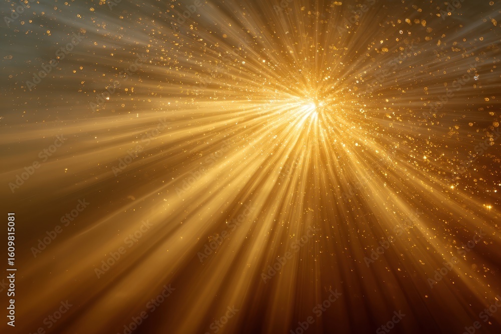 Poster light rays pierce through a dark blue space filled with gold particles, creating an ethereal and mag