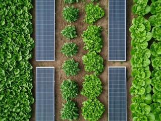 Fototapeta premium electricity transmission sustainability Concept. Lush green crops neatly arranged with solar panels in between.