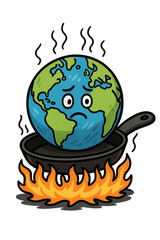 Fototapeta premium Planet earth is overheating in a frying pan on fire with transparent background