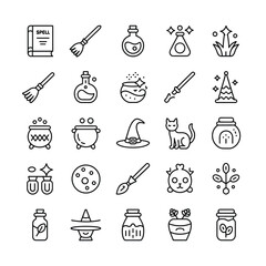 Witchy objects spell book broom potion cauldron hat cat jar plant magic