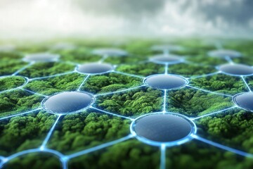 electricity transmission sustainability Concept. Futuristic landscape with interconnected green spaces and water features.