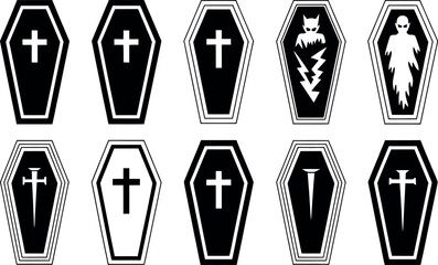 Spooky Vector Coffin Icons: Halloween, Gothic, Black and White