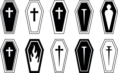 Vector illustration: Ten diverse coffin icons; black, white, cross, flame, nail.