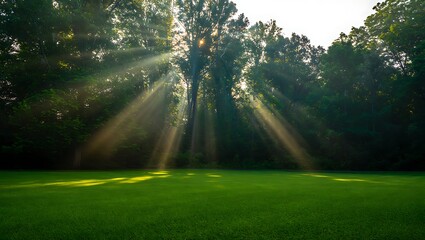 Naklejka premium Sunbeams pierce through dense forest canopy illuminating a vibrant green grassy clearing with dappled light
