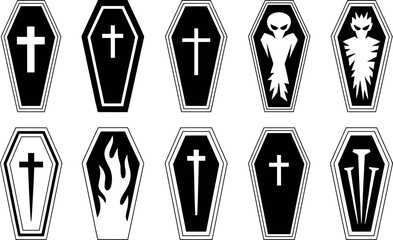 Vector Halloween Coffin Icons: Dark Gothic Style Set