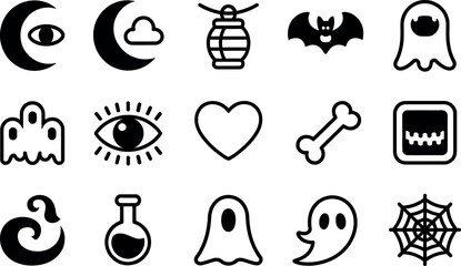 Spooky Halloween vector icons:  bold, black, flat style.