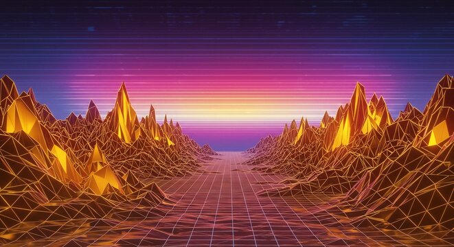 Retro Futuristic Landscape, Golden Mountains