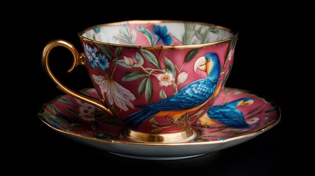 Ornate teacup and saucer with parrot design