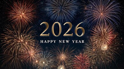 Vibrant multicolor fireworks bursting in black sky behind gold 2026 Happy New Year greeting text, perfect for seasonal holiday decor, cards, digital banners, and festive backdrops.  4K, motion

 - Powered by Adobe