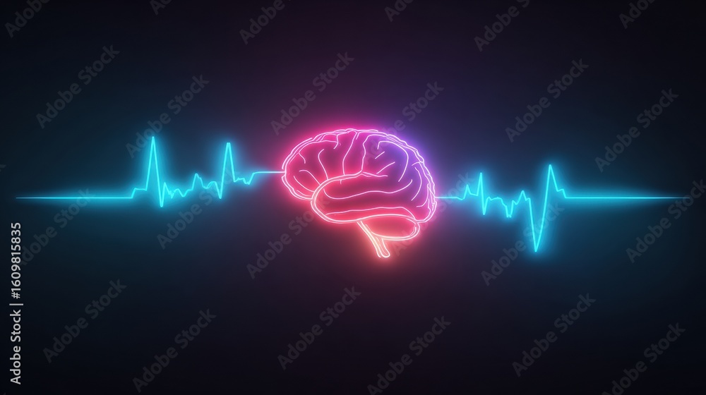 Poster neon brainwave monitor graph illustrating brain activity with rhythmic visual patterns in a dark set