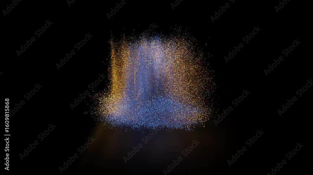 Poster abstract particle explosion with blue and gold glittering dust expanding dynamically on a black back