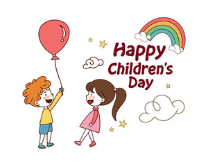 Happy Childrens Day Illustration with Cute Cartoon Kids and Balloon
