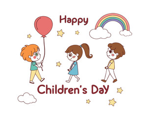 Happy Childrens Day Illustration with Cute Cartoon Kids and Rainbow