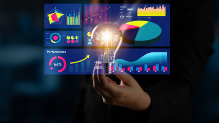 A conceptual representation of business insights featuring data visualization elements like graphs and charts, with a light bulb symbolizing innovative thinking and ideas. Impute