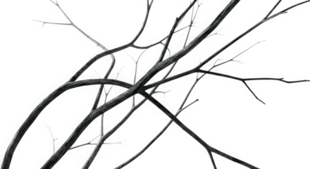 Abstract tangle of bare tree branches against a stark black background