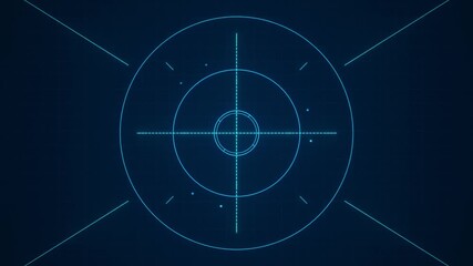 A futuristic radar UI loop featuring neon blue concentric circles and a rotating crosshair, simulating a holographic targeting system in a high-tech digital environment 4K loop - Powered by Adobe