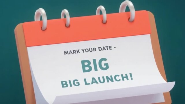 Animated calendar flipping to show: &ldquo;Mark Your Date &ndash; Big Launch!&rdquo; with confetti