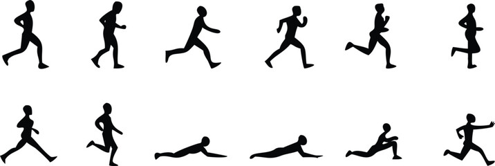 Vector art of silhouettes illustrating the dynamic movements and poses of a runner during exercise isolated on transparent background.