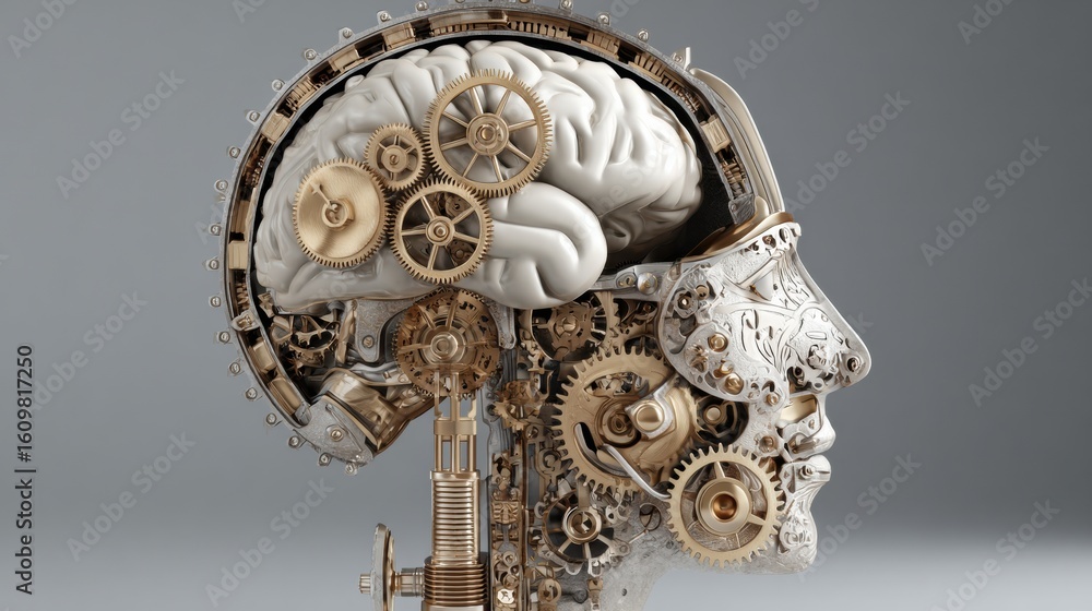 Poster brain intricately embedded in mechanical clockwork with steampunk aesthetics and a vacant right zone