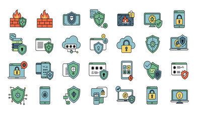Collection of 30 flat design icons representing cybersecurity, data protection, online security, and network protection, ideal for websites, apps, and presentations related to digital safety and