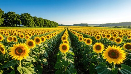 Obraz premium Endless Sunflower Field Under a Clear Blue Sky with Distant Trees