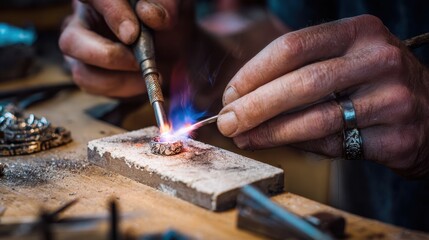 Jeweler uses a torch to solder intricate metal ring during jewellery making process in a workshop