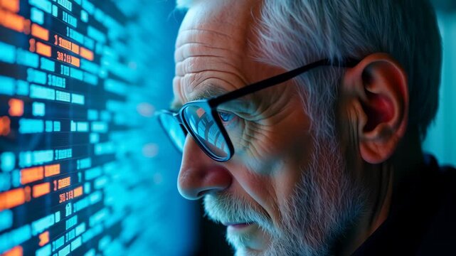 Elderly male programmer examining data on futuristic interface, representing lifelong learning, tech industry expertise, and the aging workforce in digital environments.