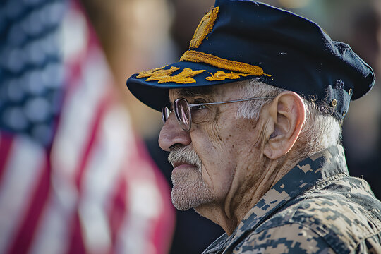 Senior veteran remembering fallen comrades at memorial day ceremony with american flag