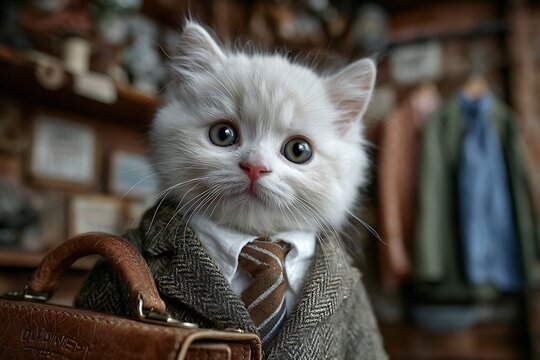 Cute kitten in suit with briefcase in home office  
