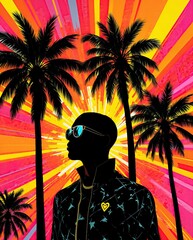 Stilvolle Silhouette vor tropischem Sonnenuntergang mit Palmen – Pop-Art Illustration