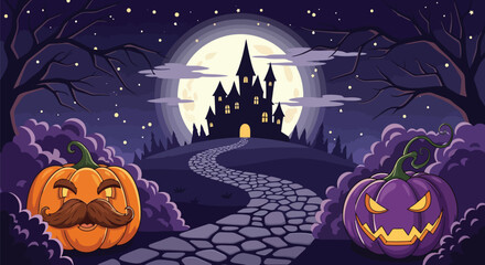 Fototapeta premium Spooky halloween night scene with jack o lanterns and haunted castle