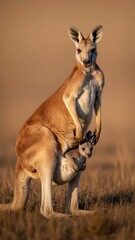 Fototapeta premium Kangaroo and Baby Kangaroo in Outback with Golden Sunset Lighting
