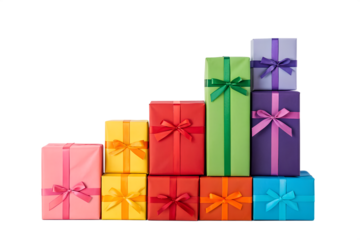 A vibrant stack of colorful gift boxes with ribbons, arranged in ascending steps on a white background, symbolizing growth and celebration.