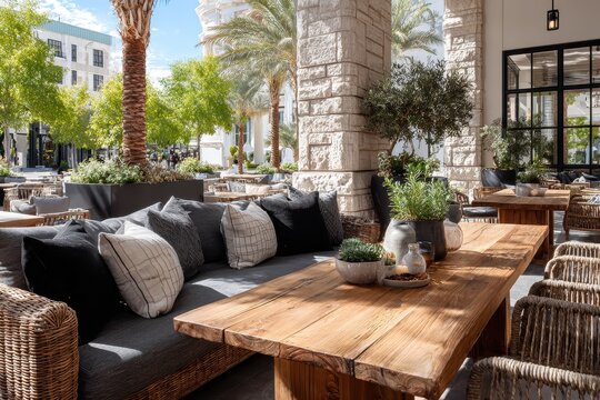 Outdoor dining area with rustic wood tables at Summerlin Mall in Las Vegas, Nevada