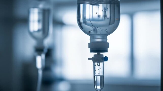 Close Up of Intravenous Infusion Drip Bag in a Hospital Setting with Blue Tones