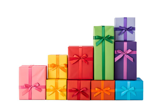 A vibrant stack of colorful gift boxes with ribbons, arranged in ascending steps on a white background, symbolizing growth and celebration. - Powered by Adobe