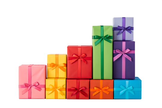 A vibrant stack of colorful gift boxes with ribbons, arranged in ascending steps on a white background, symbolizing growth and celebration.