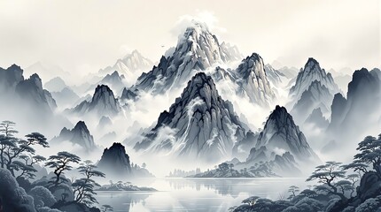 Obraz premium Monochromatic mountain range landscape with fog and water reflection in asian art style painting
