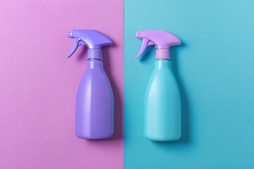 Two spray bottles one purple one teal on a split pink and blue background cleaning supplies
