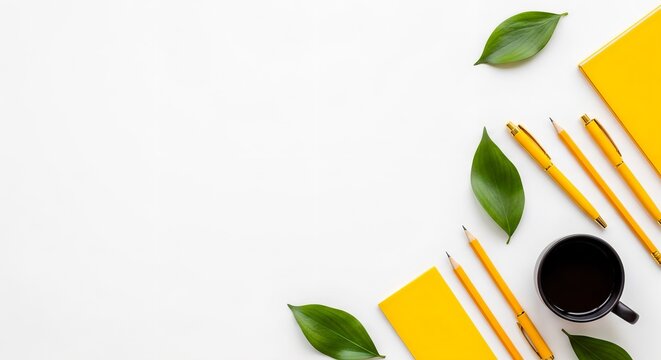 Flat lay of yellow stationery, green leaves, and a black coffee mug on a white background surface
