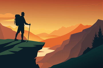 Hiker silhouette on cliff edge overlooking mountain valley at sunset
