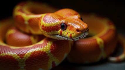 Obraz premium Vivid Orange and Yellow Corn Snake Close-Up – Exotic Reptile, Pet Snake, Wildlife, Herpetology, Nature Background