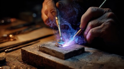 Man solders a silver ring with a torch and magnifying glass at a workbench in his studio creating jewelry
