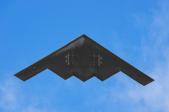 US Air Force B-2 Spirit stealth bomber (Spirit of Louisiana) flying over Pasadena heralding the start of the Rose Parade, Pasadena, California, United States, January 1, 2022: 