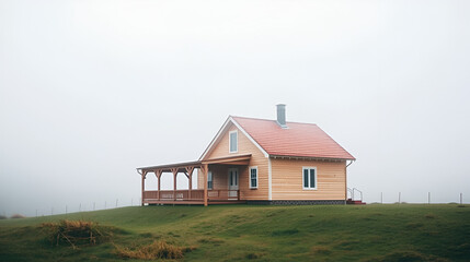 Beige wooden house in a foggy landscape