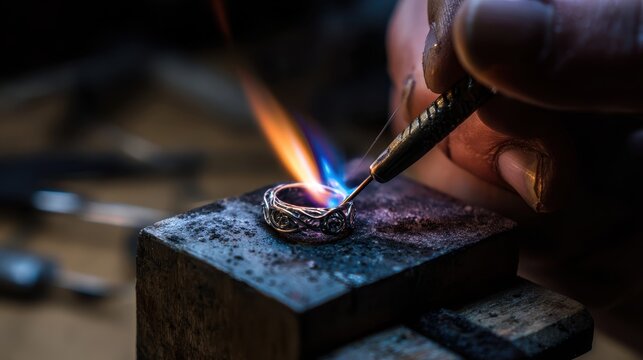 Man solders a silver ring with a torch and magnifying glass at a workbench in his studio creating jewelry