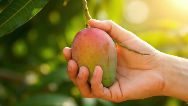 A ripe mango hangs from the tree ready to be picked.